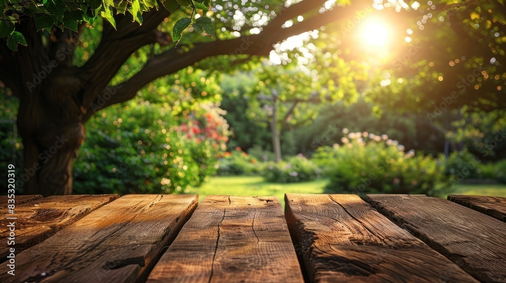 Wooden table top with summer garden background Wooden table top with summer garden background