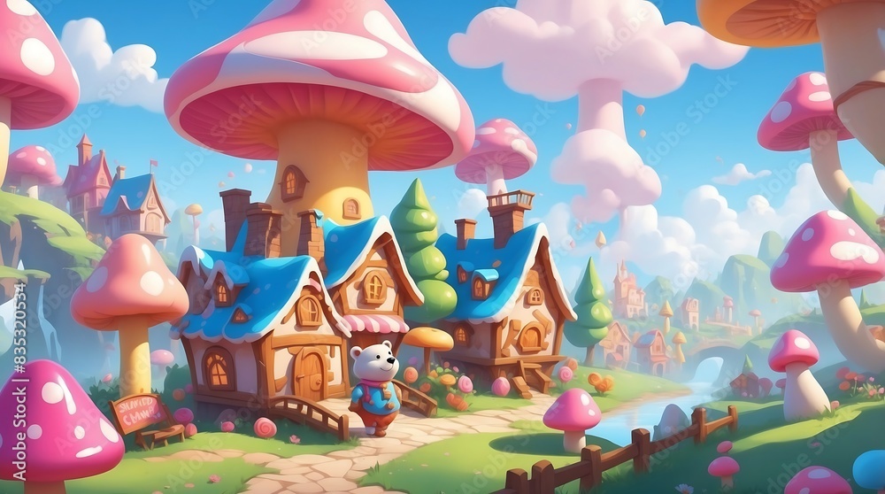 Obraz premium Candy land world with sweet game landscape vector. Fantasy magic pink candyland with cloud in sky and caramel village environment. Beautiful sugar yummy house bear childish road and dessert mushroom
