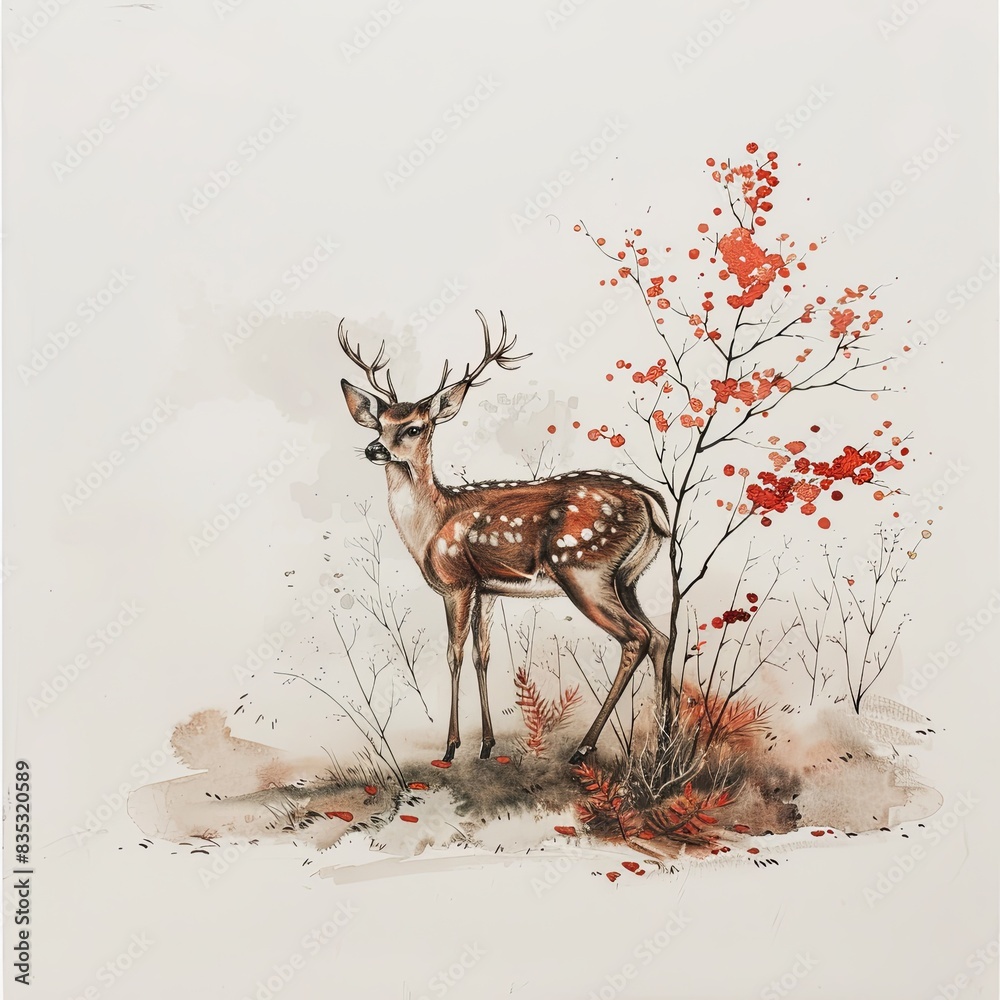 Fototapeta premium A deer standing in a forest with trees in the background. Wild animal in natural habitat. Natural background. Digital art in watercolor style. Illustration for cover, card, interior design, decor, etc