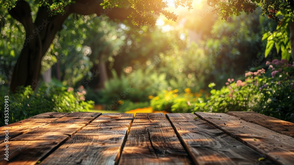Wooden platform against a magical garden path