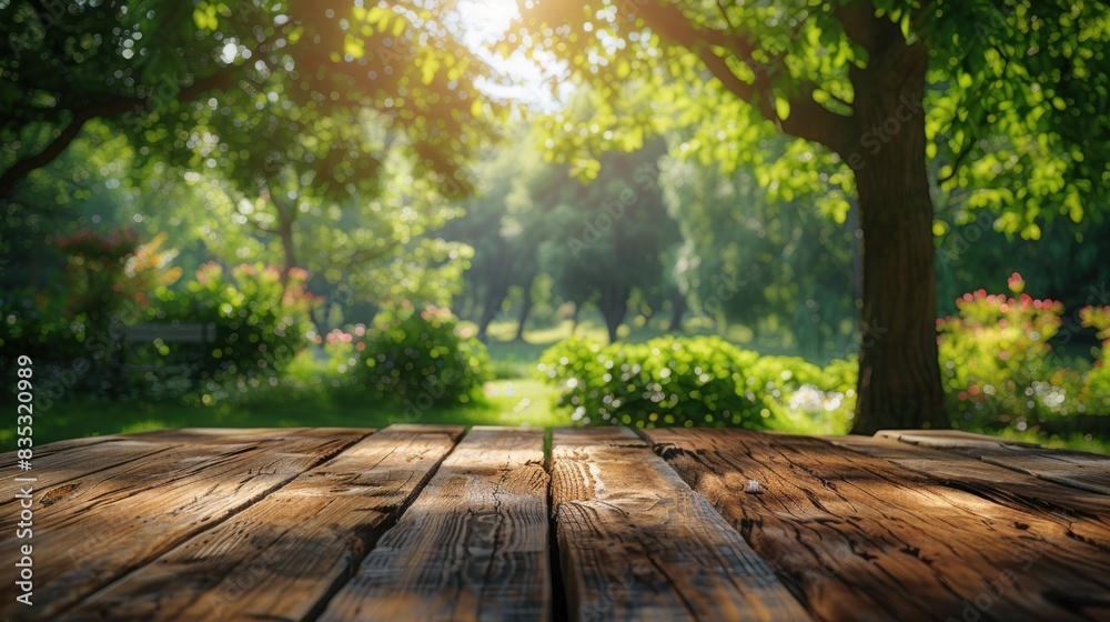 Fototapeta premium Wooden surface with sunny nature background