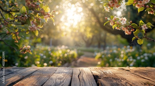 Blooming trees over wooden table in sunlight