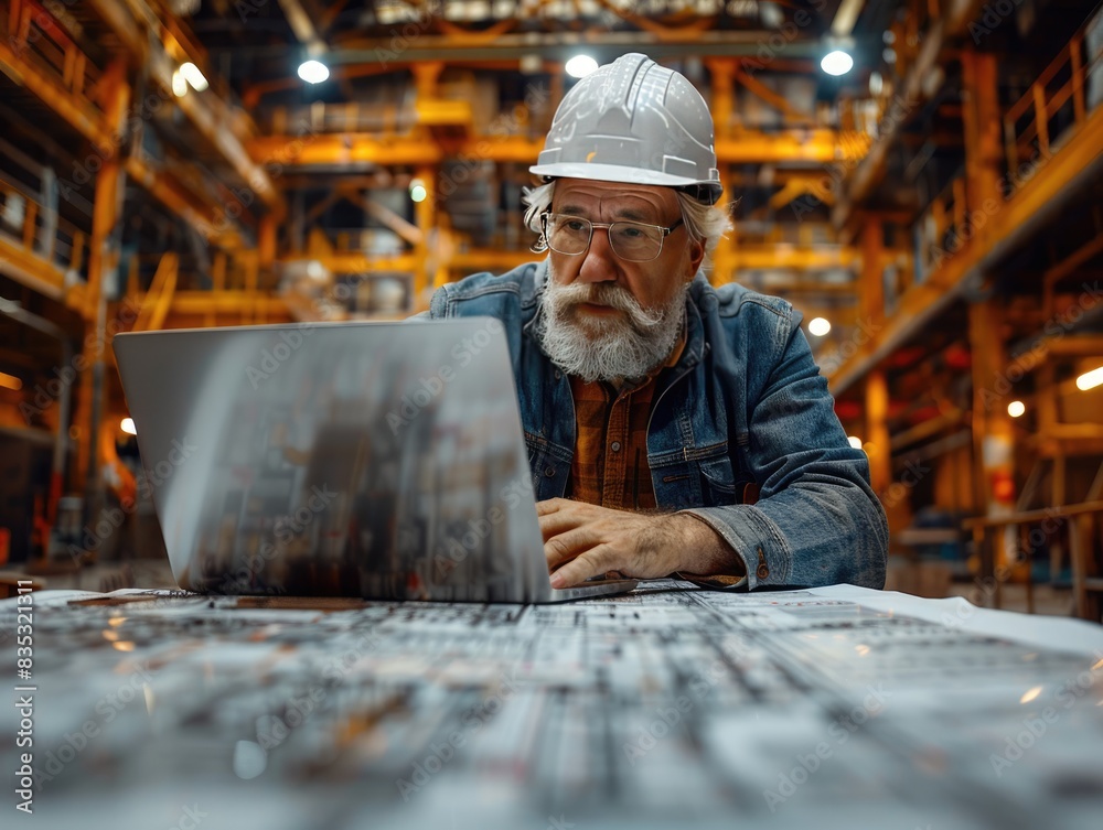 Engineer's hand in close-up, highlighting detailed blueprints on a table with a laptop open beside them. Engineer's hand in close-up, highlighting detailed blueprints on a table with a laptop open beside them.