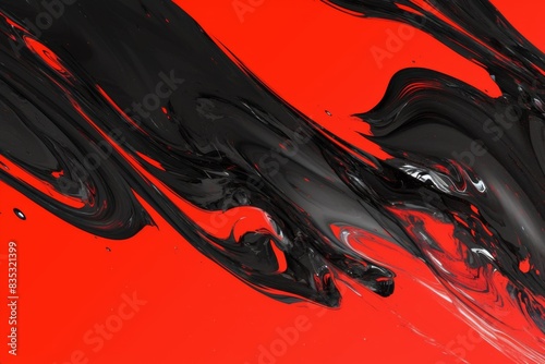 Red background with black paint splatters and dynamic movement
