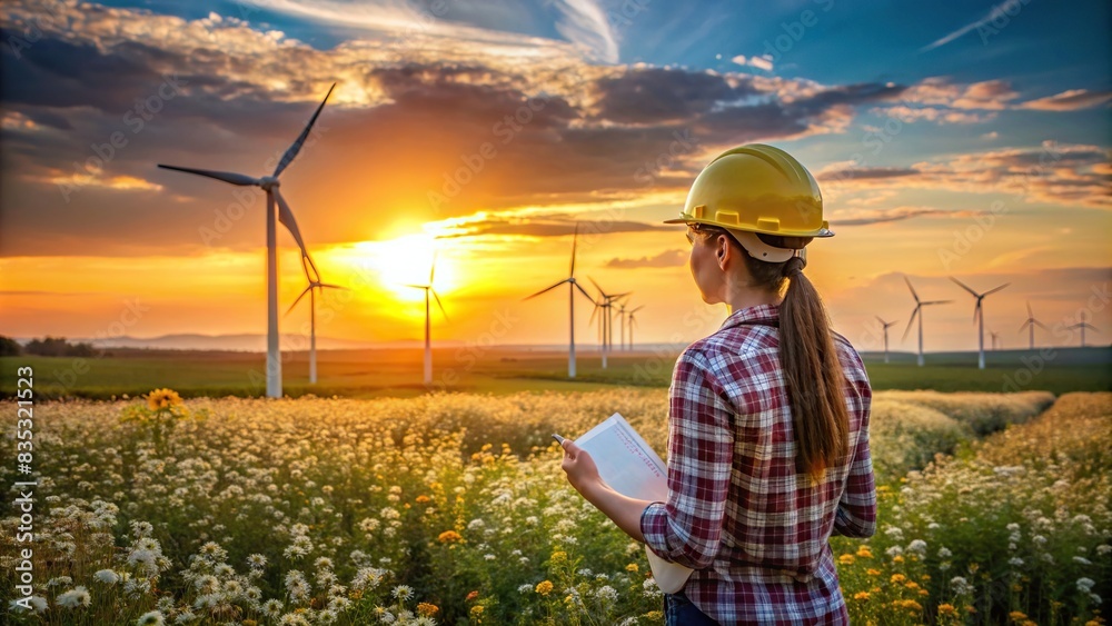 Woman engineer in hard hat standing in field of flowers by wind