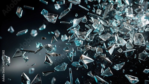 Shards of glass floating in mid air on dark background  shards  glass  floating  mid air  dark background  yellow  shimmering  fragments  flying  movement  rendering explosion