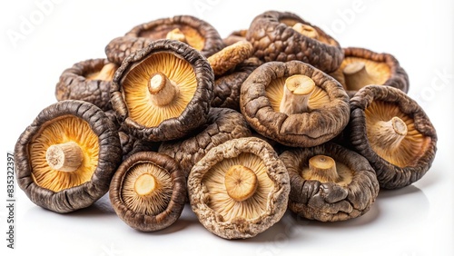 Dry shiitake mushrooms isolated on white background , shiitake, mushrooms, dried, organic, healthy, ingredient, food, white background, isolated, gourmet, culinary, cooking, dried food photo
