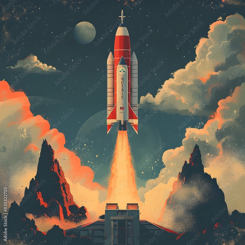 Naklejka premium Retro Futuristic Rocket Launch Over Dramatic Landscape Scene