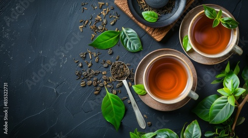 Two cups of tea with green leaves and a spoon for stirring