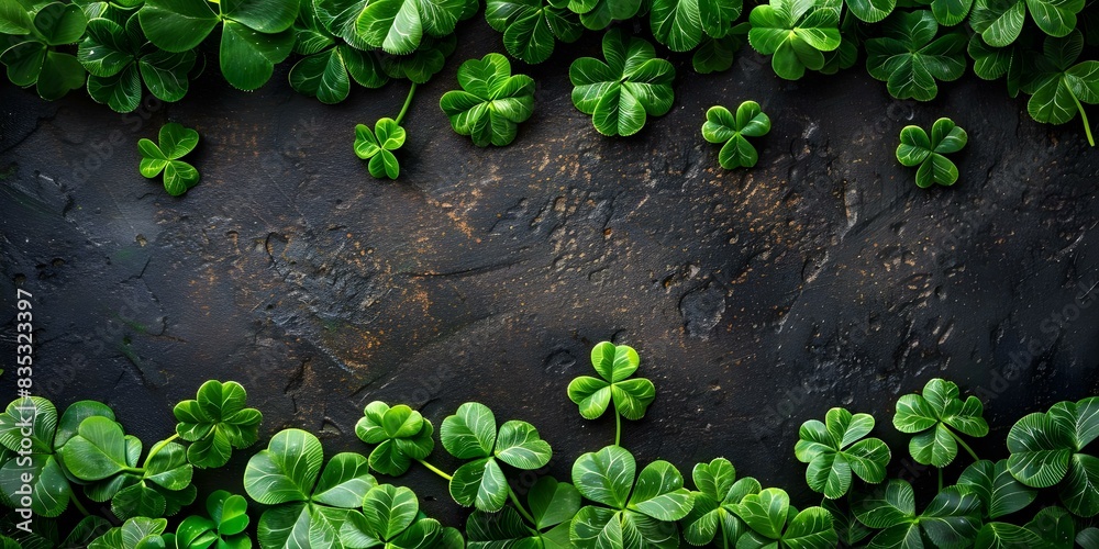 St Patrick's Day Banner Featuring Green Shamrock Leaves for Festive Decoration. Concept St Patrick's Day, Festive Decoration, Green Shamrock Leaves, Banner Design St Patrick's Day Banner Featuring Green Shamrock Leaves for Festive Decoration. Concept St Patrick's Day, Festive Decoration, Green Shamrock Leaves, Banner Design