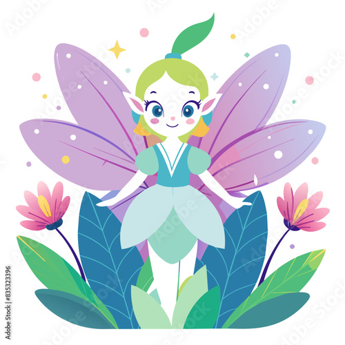 whimsical forest fairy with translucent wings and a glowing aura. The fairy should be surrounded by vibrant, oversized flowers and tiny, sparkling fireflies. Use a soft, pastel color palette to convey