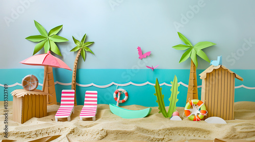 Installation made of cardboard and paper on a beach theme with beach attributes. Palm trees, umbrellas, sun loungers and a boat on natural beach sand. Beach season, relaxation by the sea photo