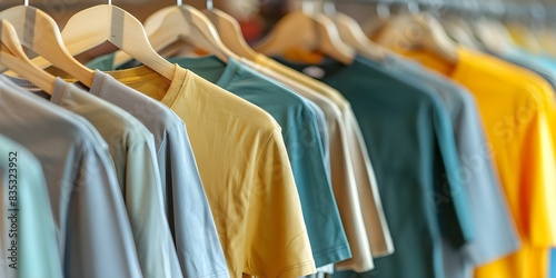 Vibrant t-shirts displayed alongside contemporary casual clothing in a store. Concept Fashion Retail, Clothing Display, Store Layout, Apparel Merchandising, Trendy Styles