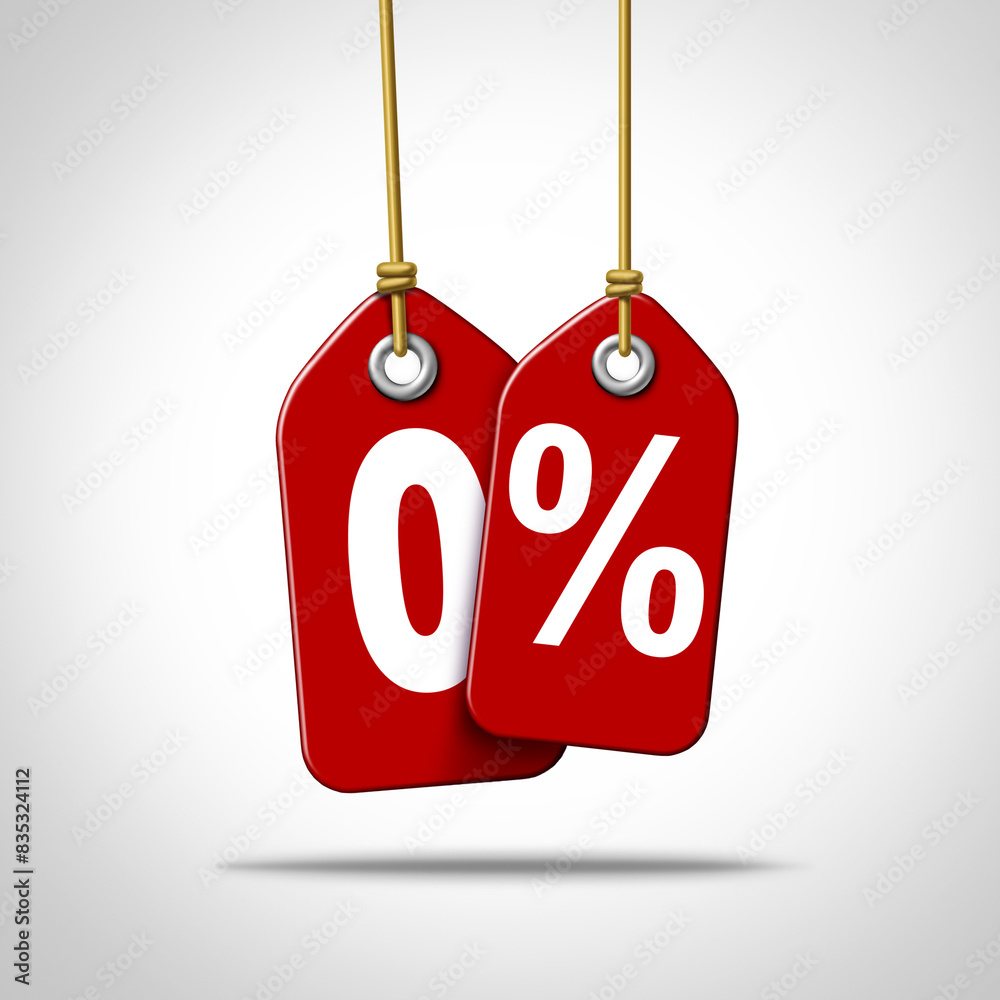 0% Interest Rate and Zero Percent Financing or no downpayment or money down finance symbol as a marketing and business promotion for a sale on loans and cheap borrowing costs.