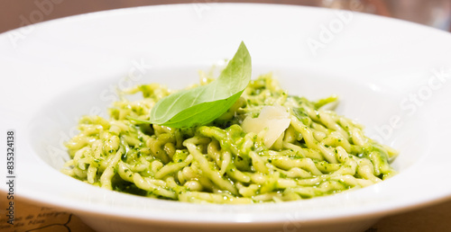 Quadro em tela Traditional Italian food - trofie al pesto, typical regional pasta from Liguria