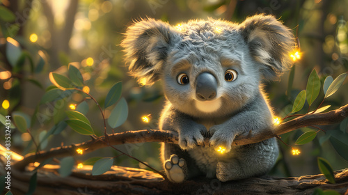 Cute, slightly sad little koala sitting on a tree branch. Fireflies fly around the koala against the backdrop of the evening forest. Cute animals