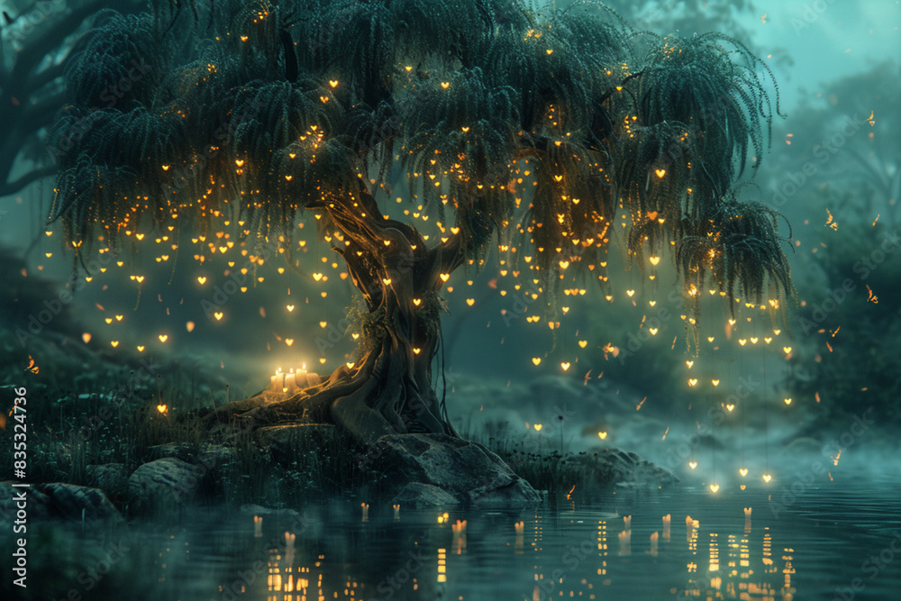 Generate a scene featuring a candle shaped like a weeping willow tree ...