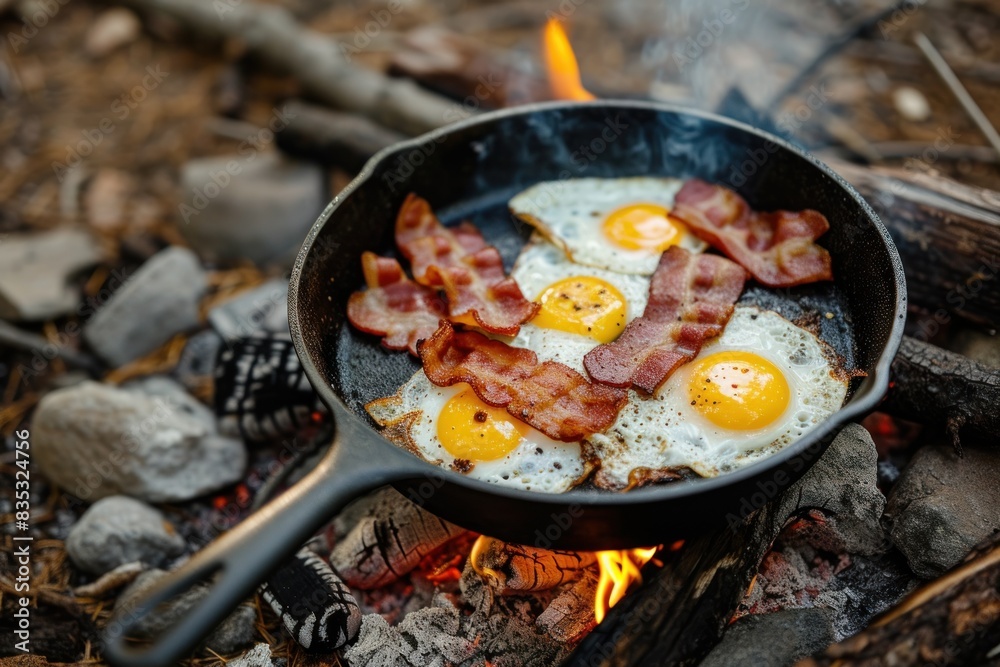 Pan with bacon and eggs on campfire embers Pan with bacon and eggs on campfire embers