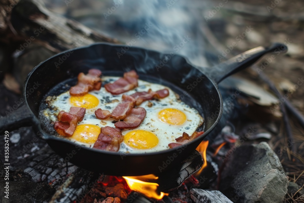 Eggs and bacon cooking on open campfire Eggs and bacon cooking on open campfire