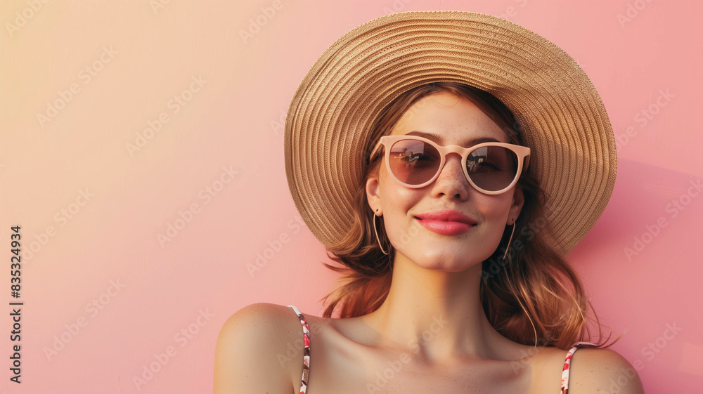 woman wearing a straw hat and sunglasses, posing against a pastel orance background banner with copy space woman wearing a straw hat and sunglasses, posing against a pastel orance background banner with copy space