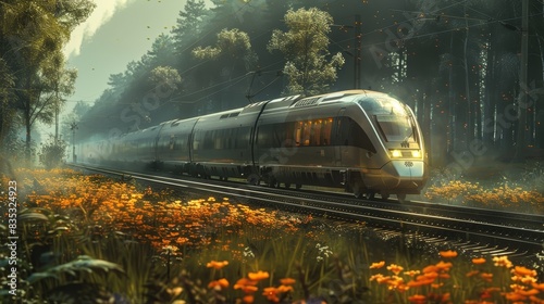 Fast modern train on railroads in a beautifull field photo