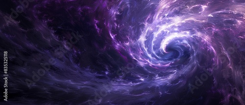 The image is a depiction of a purple and blue nebula in outer space.