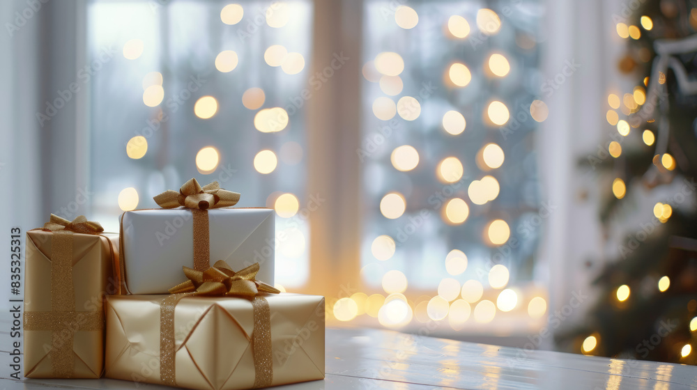 White and gold Christmas presents in living room with blurred window and bokeh lights, space for text, horizontal White and gold Christmas presents in living room with blurred window and bokeh lights, space for text, horizontal