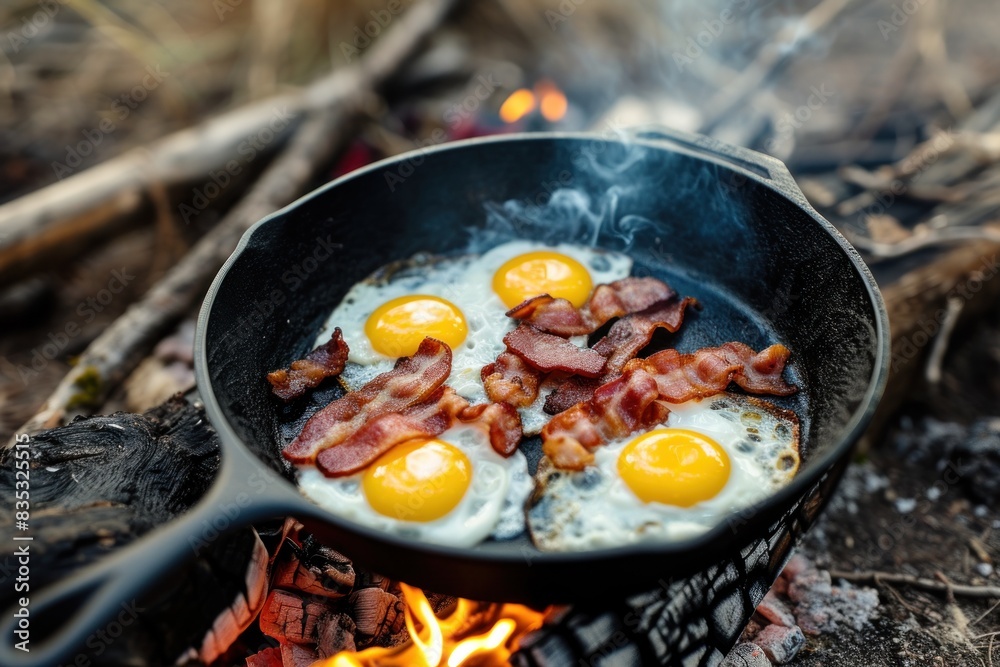 Bacon and eggs cooking in smoky campsite set Bacon and eggs cooking in smoky campsite set