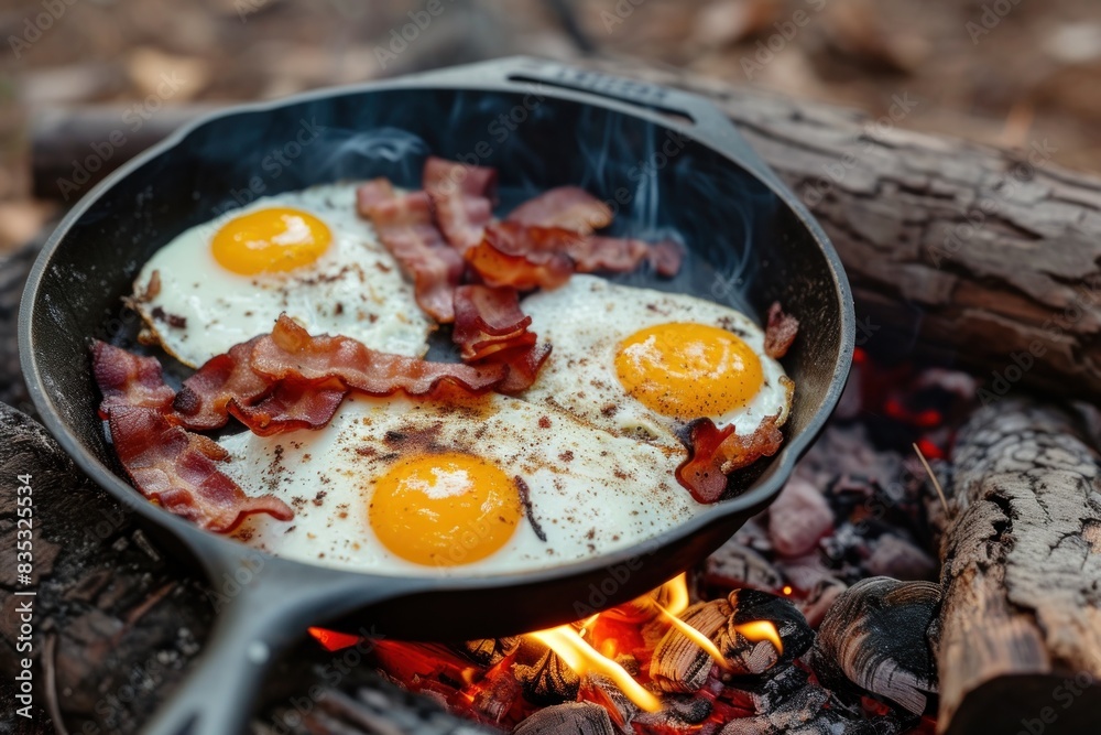Bacon and eggs frying on campfire Bacon and eggs frying on campfire