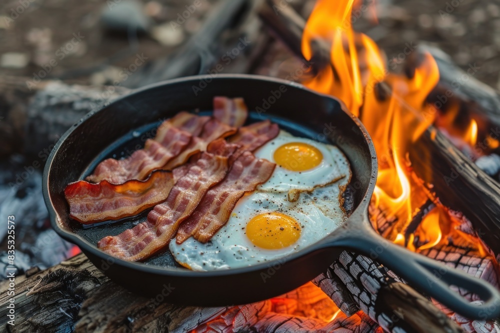 Cast-iron skillet with breakfast over fire