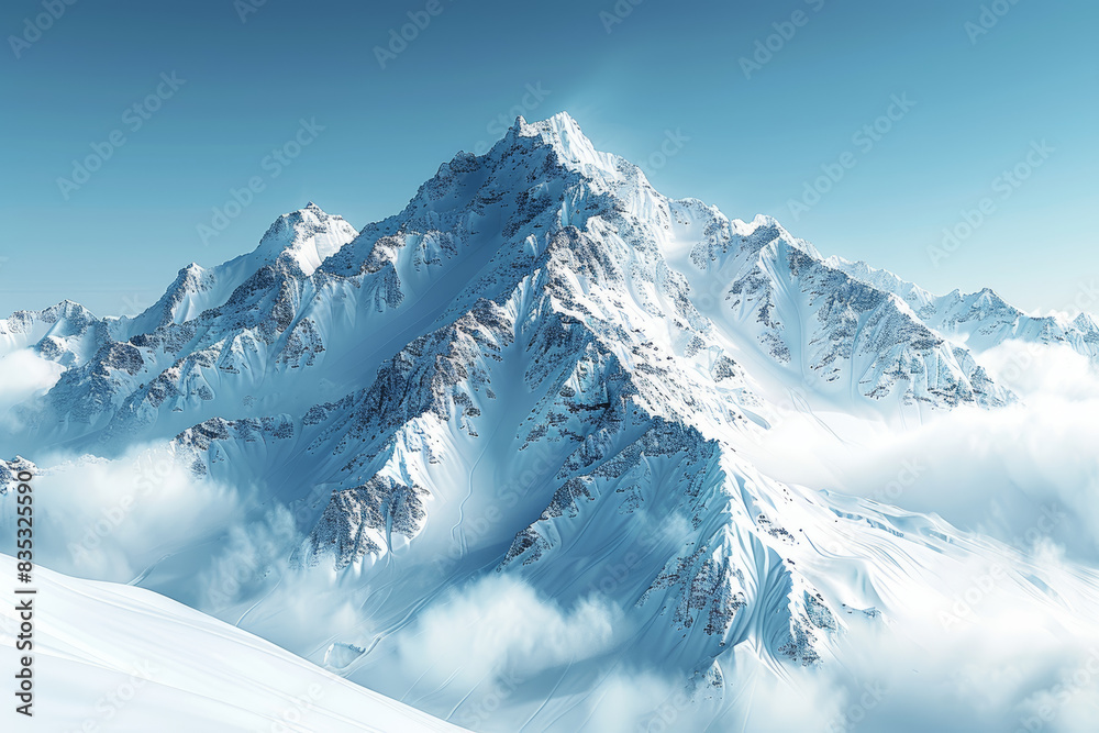 A breathtaking panorama of snow-capped peaks rising majestically against a backdrop of azure skies, a testament to the grandeur of nature. Concept of alpine splendor. Generative Ai.