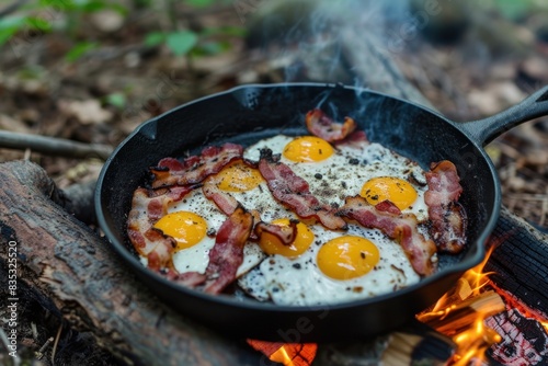 Sunny side up eggs with bacon in the wild