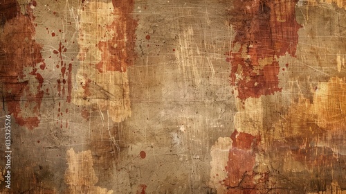A rustic background texture with a patchwork of burnt umber and sienna acrylic color splashes, set on a rough, plastered wall. The brush strokes are textured and layered