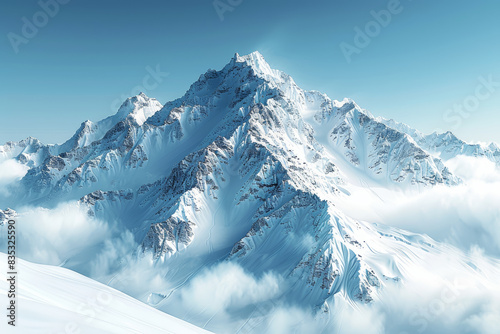A breathtaking panorama of snow-capped peaks rising majestically against a backdrop of azure skies  a testament to the grandeur of nature. Concept of alpine splendor. Generative Ai.