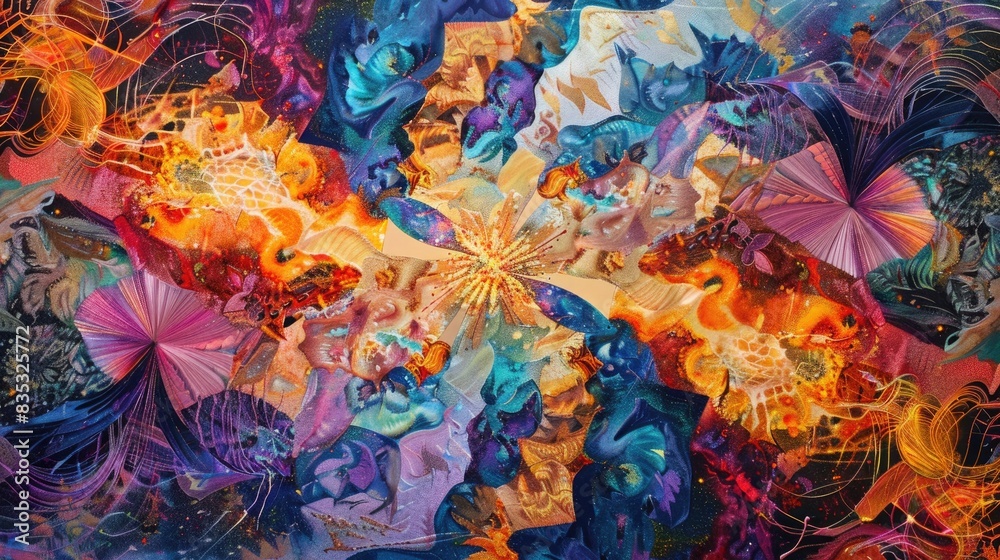Harmonious explosions of color dancing across a backdrop of intertwining, mesmerizing patterns. Harmonious explosions of color dancing across a backdrop of intertwining, mesmerizing patterns.