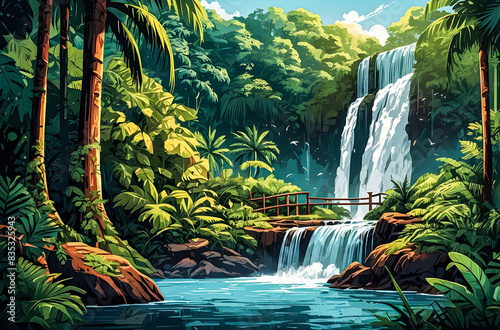 An aerial view of a waterfall cascading into a secret lagoon surrounded by dense  untamed jungle  with vibrant foliage and exotic wildlife vector art illustration generative AI. 