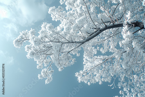 The delicate intricacy of a frost-covered forest, where every branch and leaf is adorned with a sparkling coat of ice crystals. Concept of winter wonderland. Generative Ai.