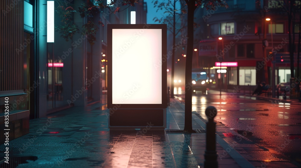 Ultra-resolution mockup of a vertical ad stand with a white blank surface on a nighttime city sidewalk, perfect for showcasing advertisements Ultra-resolution mockup of a vertical ad stand with a white blank surface on a nighttime city sidewalk, perfect for showcasing advertisements