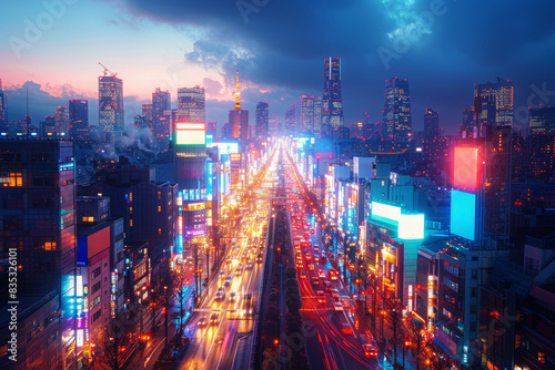 A vibrant cityscape aglow with the neon lights of bustling streets  where skyscrapers reach towards the heavens like glittering sentinels of progress. Concept of urban vitality. Generative Ai.