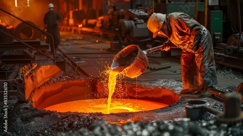 Worker pouring molten metal in a foundry, photorealistic image highlighting the tools and environment of metalworking. Ideal for themes of industrial processes and manual labor