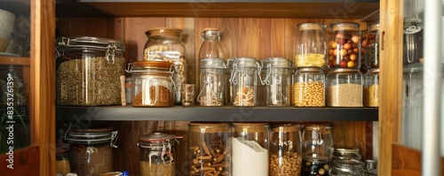 Shelves stocked with various jars filled with legumes  pasta  and herbs in a kitchen pantry.