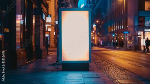 Ultra-resolution mockup of a white blank vertical ad stand on a sidewalk at night, highlighting urban advertising opportunities photo