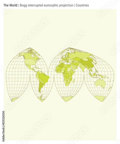 World Map. Boggs interrupted eumorphic projection. Countries style. High detail world map for infographics, education, reports, presentations. Vector illustration.