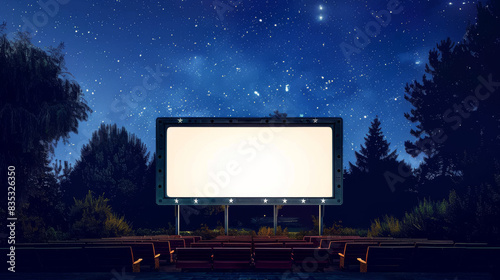 classic Hollywood-style outdoor movie screen under the stars, nostalgia, on dark blue background, copyspace, Outdoor Cinema theme photo