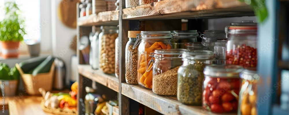 Shelves stocked with various jars filled with legumes, pasta, and herbs in a kitchen pantry. Shelves stocked with various jars filled with legumes, pasta, and herbs in a kitchen pantry.
