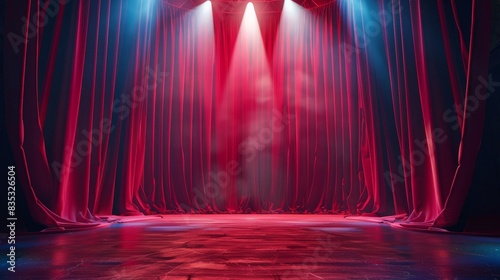 Empty theater stage with red curtains and spotlight