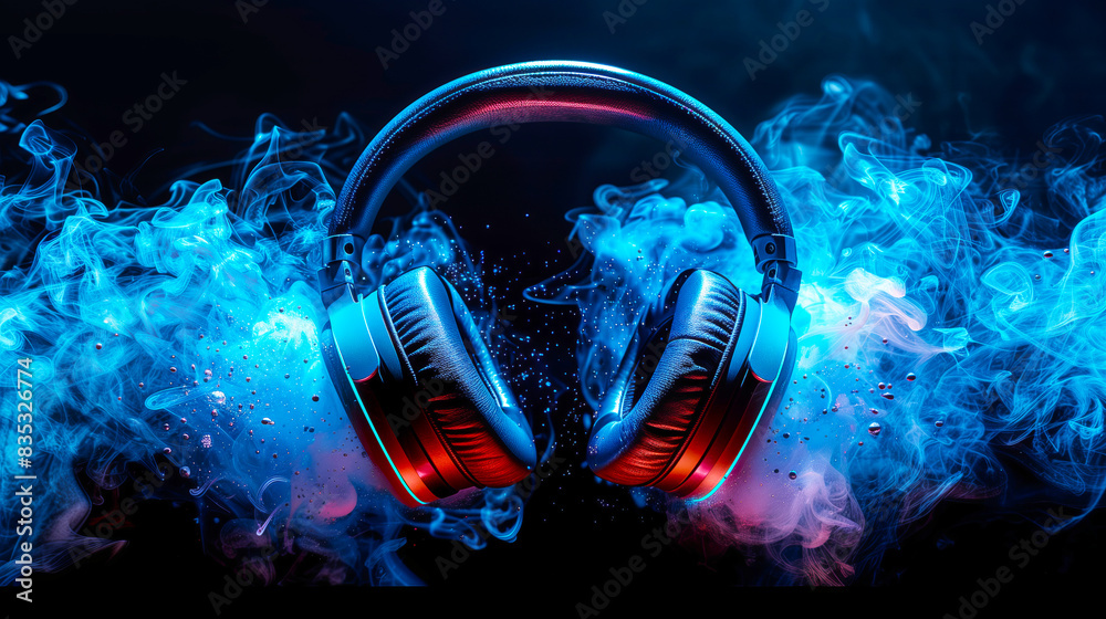 Advertising background for wireless headphones. Black headphones shrouded in white smoke with a blue backlight, the headphones are illuminated with a red backlight from below. Advertising background for wireless headphones. Black headphones shrouded in white smoke with a blue backlight, the headphones are illuminated with a red backlight from below.
