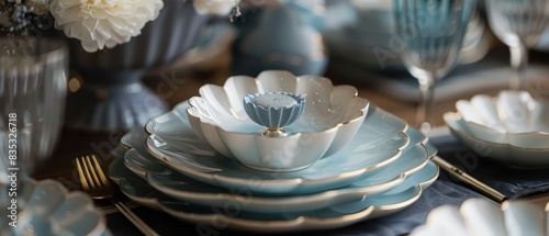 Elegant porcelain dinner set. Luxury ceramics tableware setting	 photo
