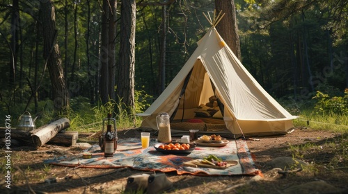 Cozy teepee camping setup in forest © GoodandEvil