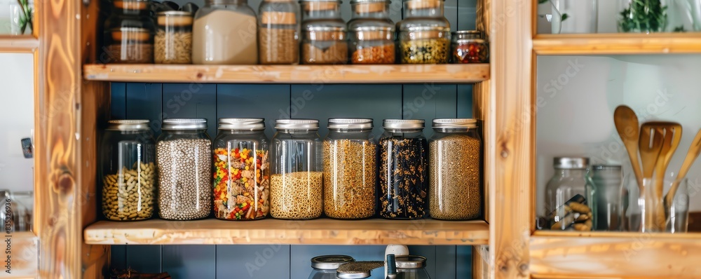Shelves stocked with various jars filled with legumes, pasta, and herbs in a kitchen pantry. Shelves stocked with various jars filled with legumes, pasta, and herbs in a kitchen pantry.